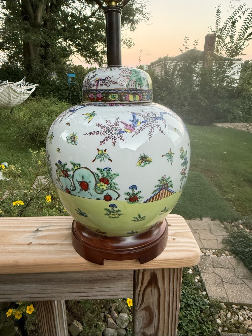 Vintage Chinese Asian ginger jar Chinoiserie 1960 lamp butterfly hand painted